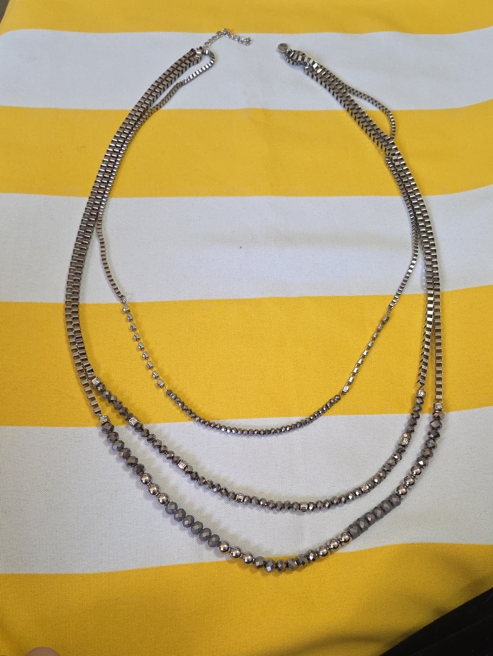 Layered Silver Tone Box Chain Necklace Smoky Gray Faceted Beads Multi Strand